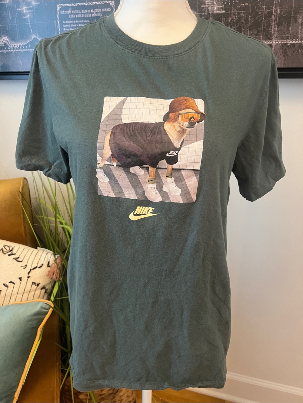 Nike Dark Green Graphic Tee with Dog Illustration